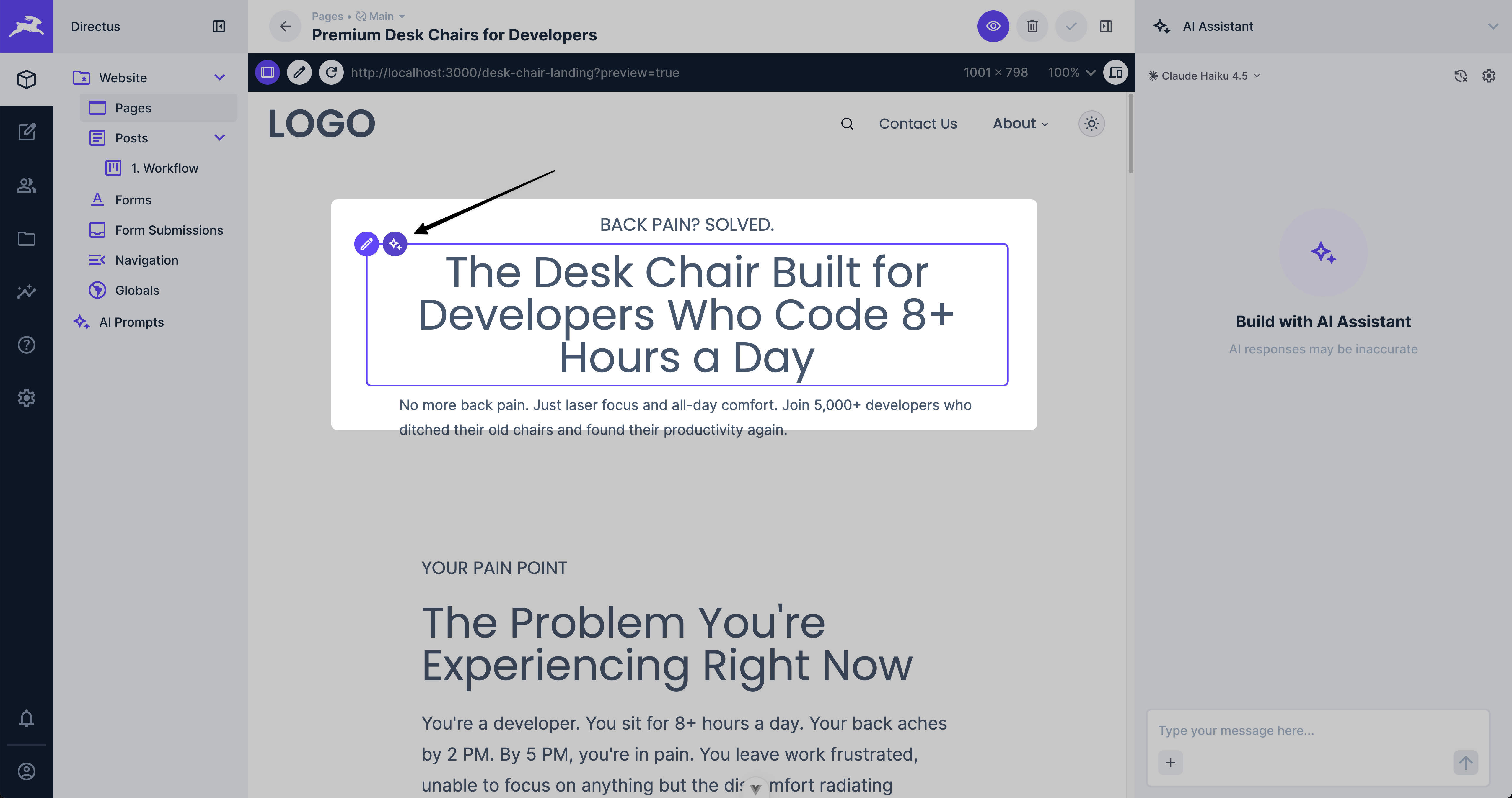 AI icon on editable element in visual editor